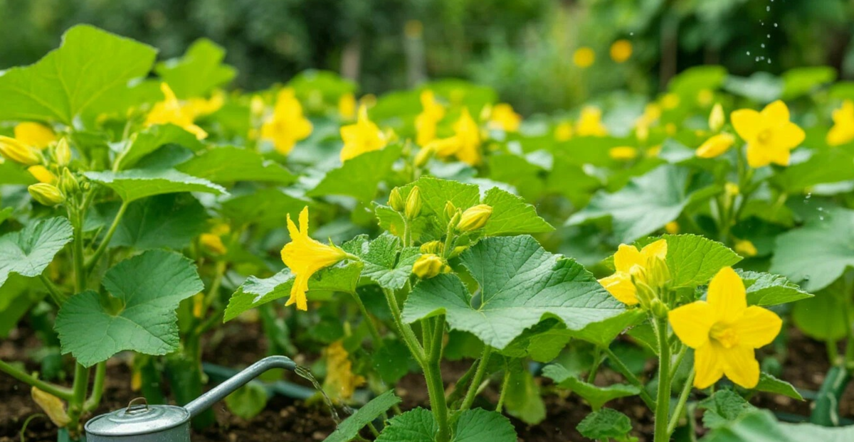 растение огурца цветёт и завязывается огурчики