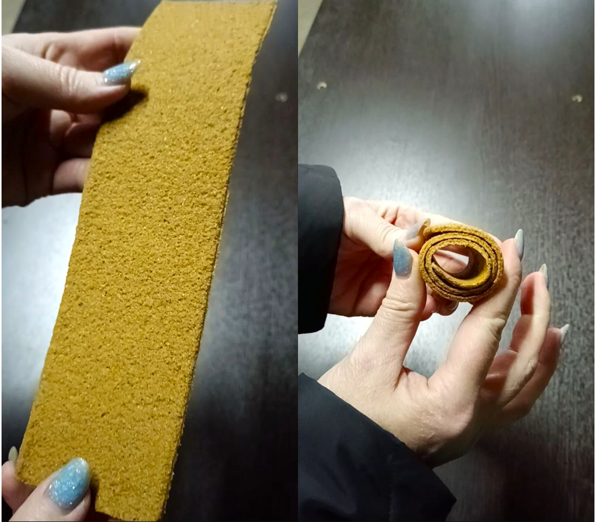 Слева плитка кирпича. Справа — эта же плитка, скрученная в рулон. 