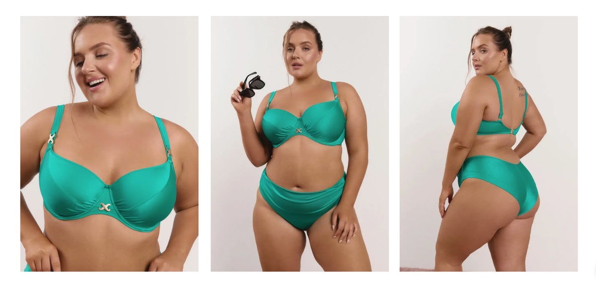 Бюстгальтер пляжный выполнен в цвете нефрит с шитыми мягкими чашками, на косточках, с боковым подкроем на тонком поролоне, бретели регулируются по длине, на спине металлическая застёжка в виде ракушки. Драпировка в нижней части чашек оптически подчеркивает грудь, а ткань глубокого, благородного цвета нефрита успокаивает чувства и притягивает взгляд нежным блеском, а золотистые матовые украшения обогащают и облегчают этот уникальный бюстгальтер.