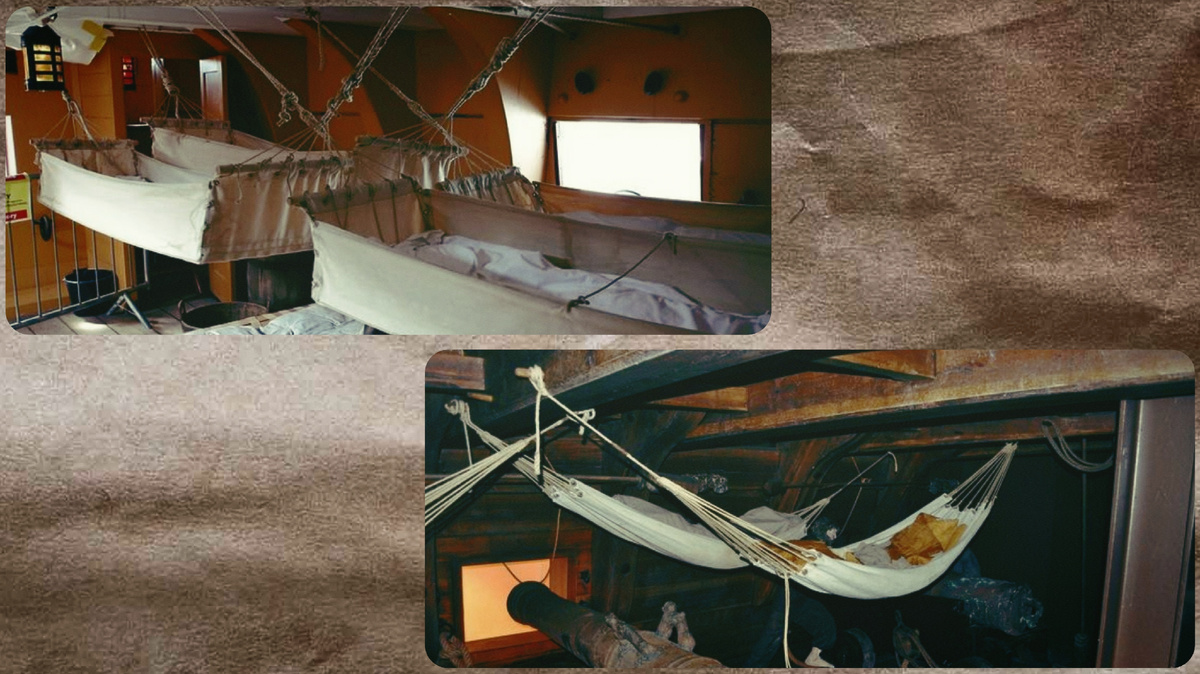 Вот как-то так жилось в те века в кубриках. Да, иногда спать доводилось прямо рядом с пушками. 