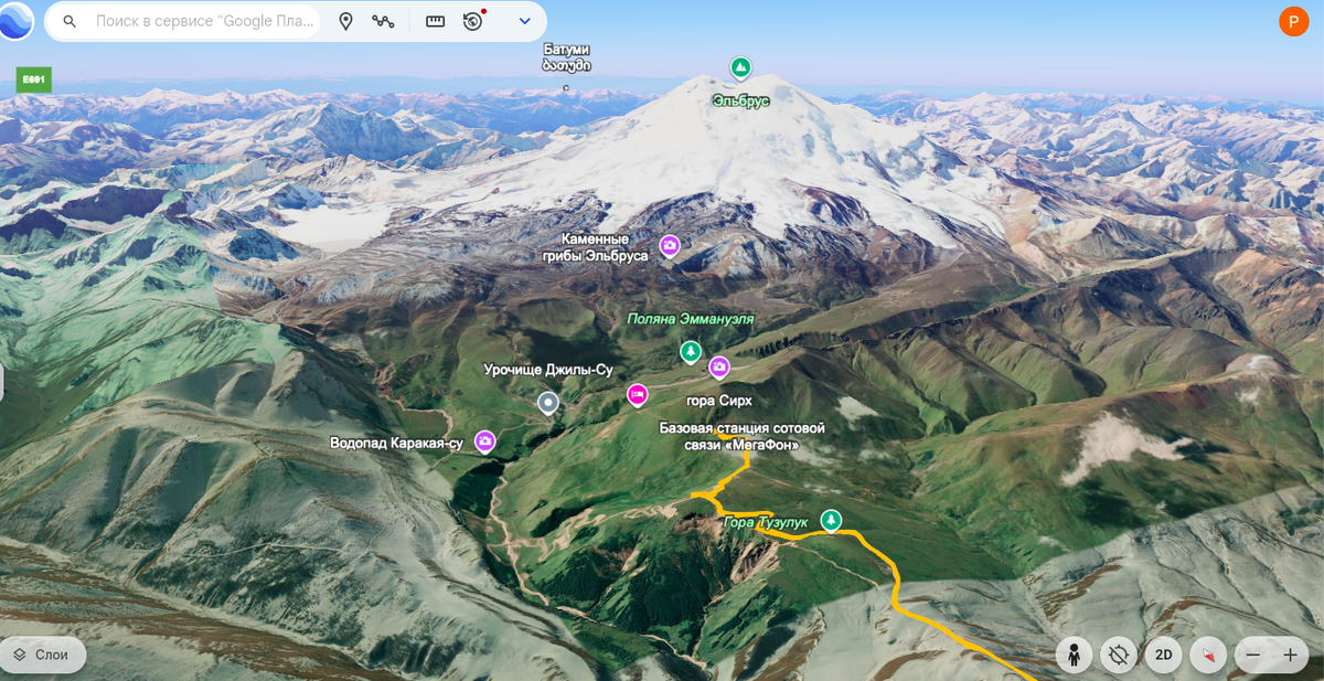 Просмотр записанного трека в сервисе Google Earth - мотопутешествие к Эльбрусу