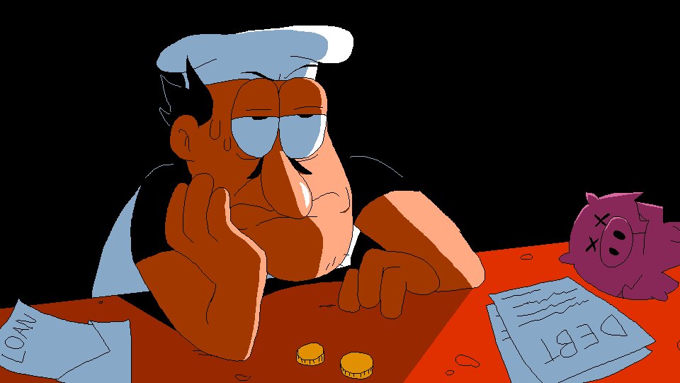 Кадр из заставки, где видно бумаги с надписями "Logan" (кредит) и "Debt" (задолженность). Естественно ему не будет хватать на нормальный фартук!