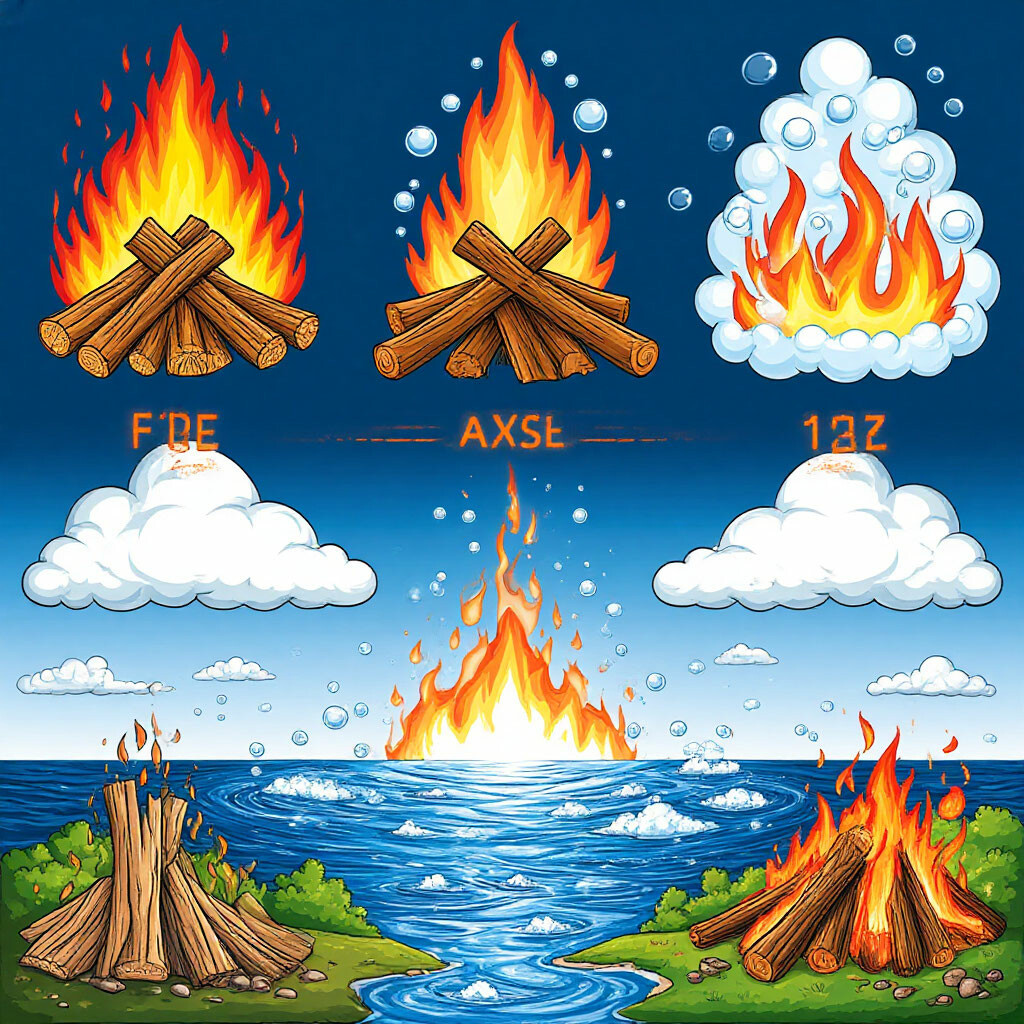 На иллюстрации изображены два ключевых элемента: треугольник огня и водный цикл. В верхней части картинки представлен треугольник огня, состоящий из трех компонентов: топлива, кислорода и тепла, каждый из которых обозначен яркими и понятными символами. Топливо изображено в виде дров, кислород — в виде облака с пузырьками, а тепло — как пламя. В нижней части иллюстрации показан водный цикл. Здесь можно увидеть облака, дождь, реки и океаны, а также процесс испарения, где вода превращается в пар. Источник: https://shedevrum.ai/@aimanga/