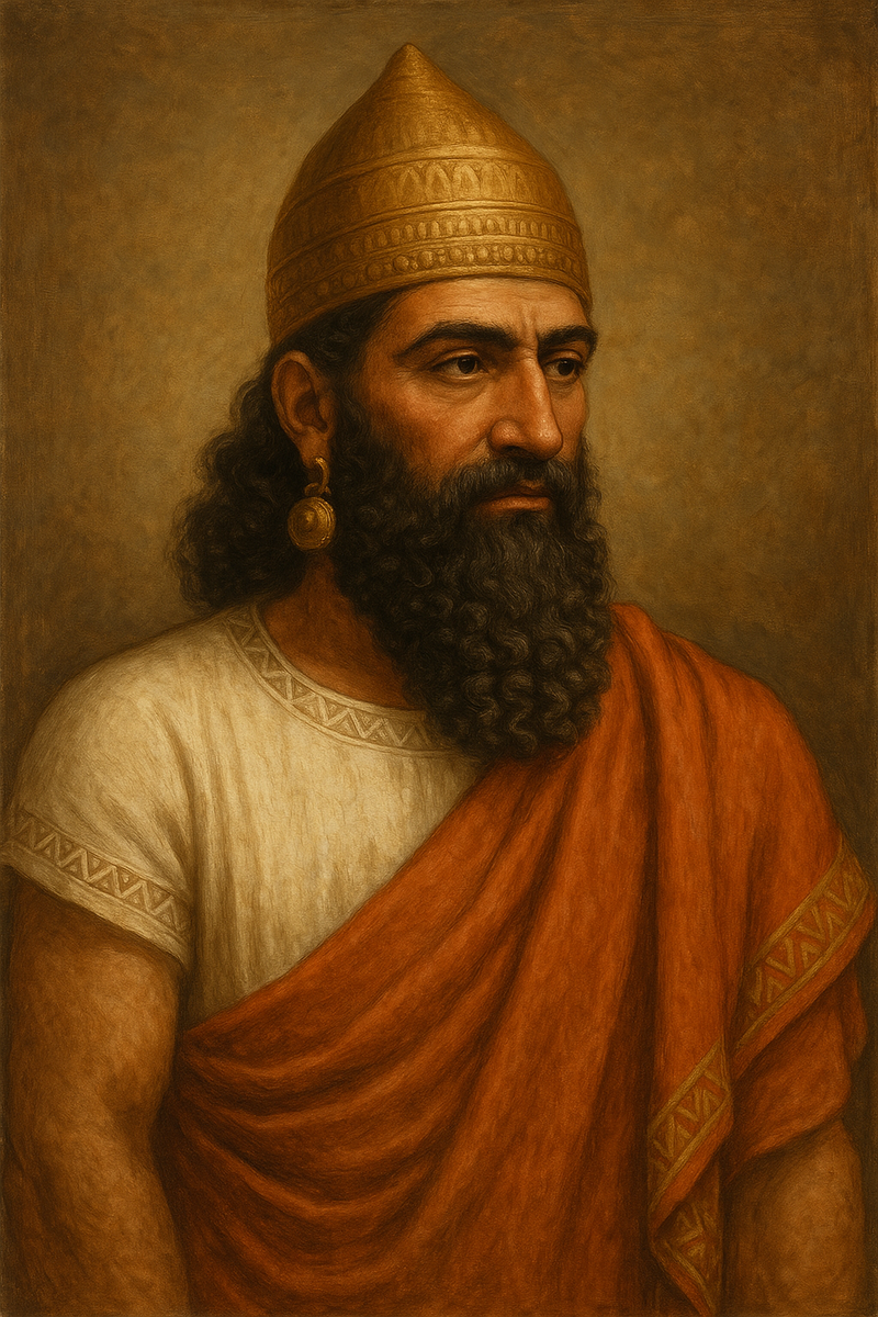 На изображении представлен человек в образе, вдохновлённом ассирийской цивилизацией — одной из древнейших в истории человечества.

Признаки, по которым можно это определить:

Конусообразный головной убор — характерный элемент ассирийских царей и воинов.

Пышная кудрявая борода — символ мужественности и власти у древних ассирийцев.

Одежда с геометрическим орнаментом и драпировкой — напоминает ассирийский стиль в изображениях на барельефах из Ниневии и Ашшура.

Серьги — украшения, нередко встречающиеся у знати Древней Месопотамии.