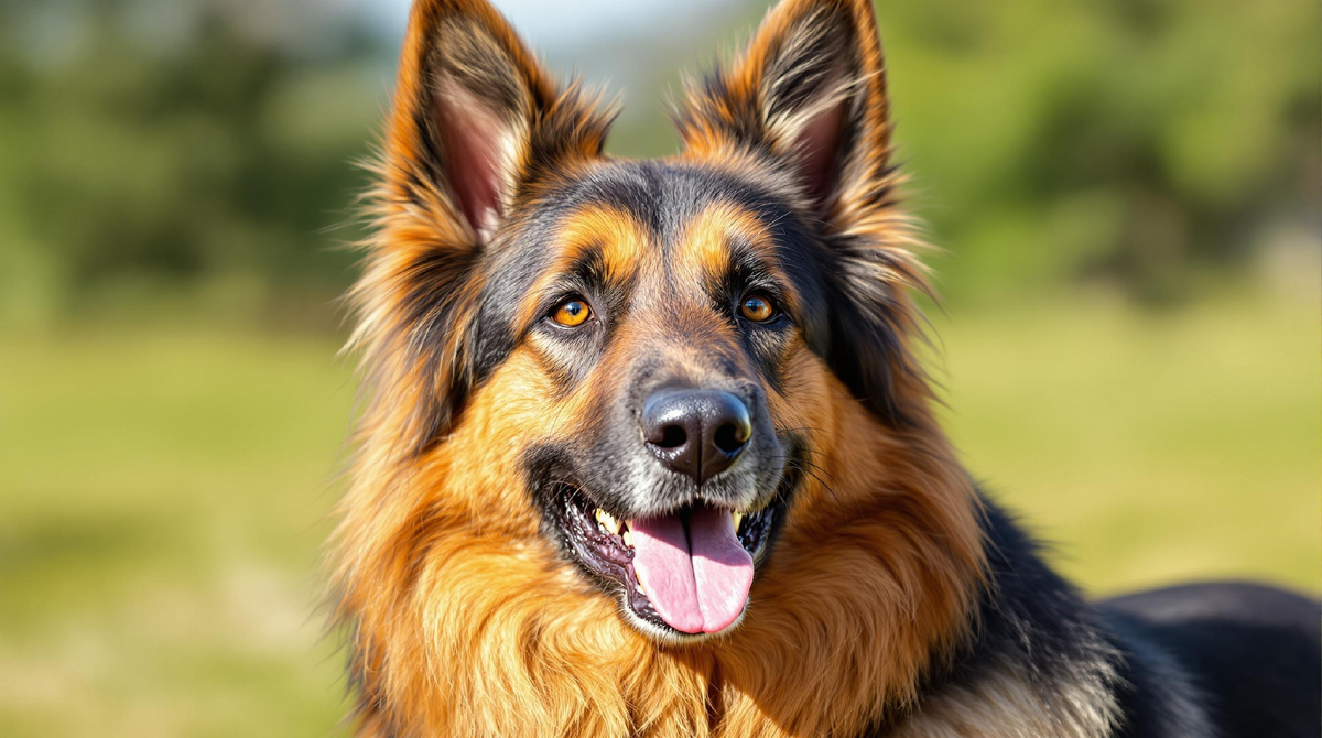Портрет немецкой овчарки на улице — яркий, ухоженный питомец с дружелюбным выражением морды, здоровая шерсть, открытая пасть и внимательные глаза на фоне природы.