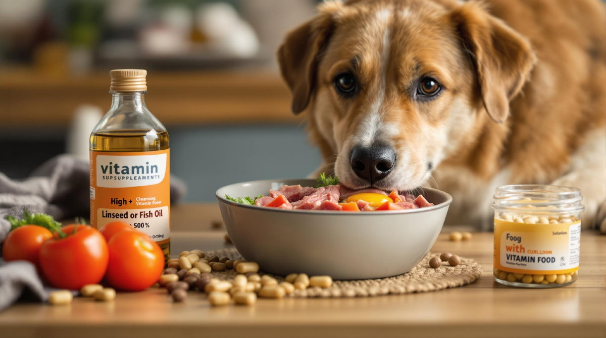 Собака у миски, наполненной свежими продуктами, рядом — витамины и добавки для животных, свежие овощи, корм премиум-класса, забота о правильном питании и здоровье питомца.