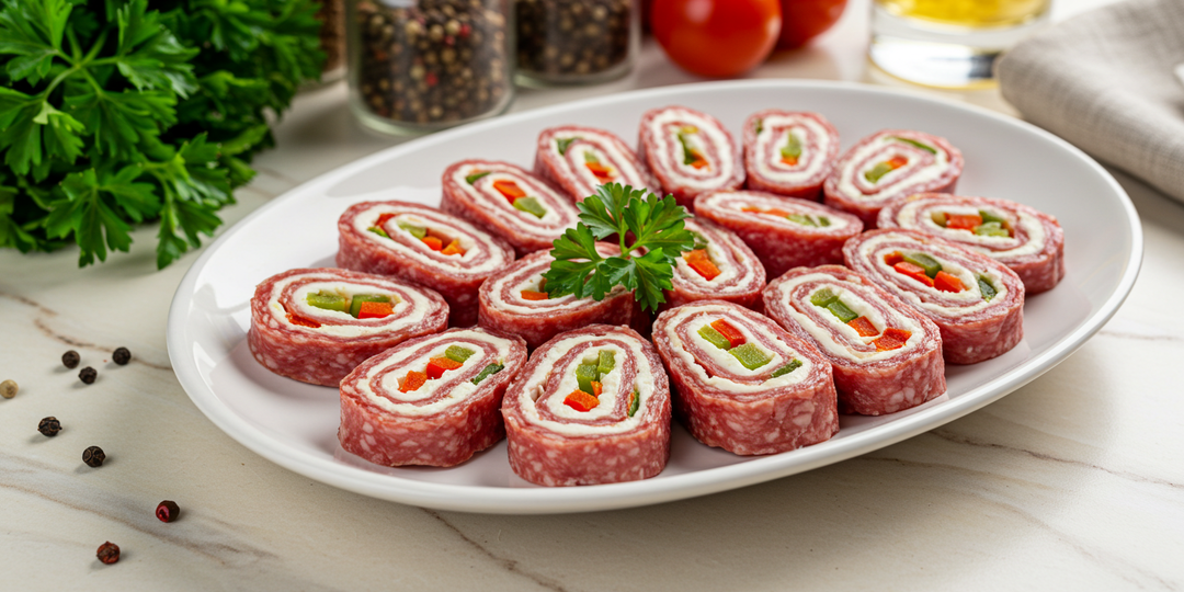 Быстрая закуска - рулет из колбасы с сырной начинкой