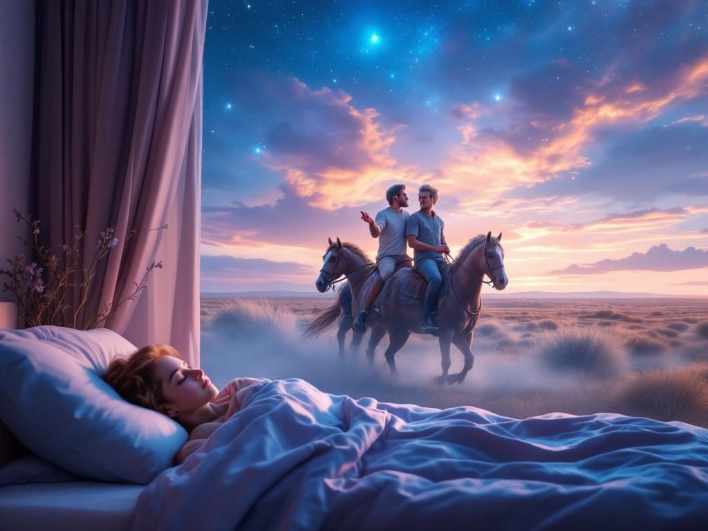    К чему такое снится: Рисую молодого человека и седого мужчину, оба на лошадях. Они скачут по открытому ландшафту. Мужчина, судя по всему отец, жестикулирует, указывая вперед, и что-то об