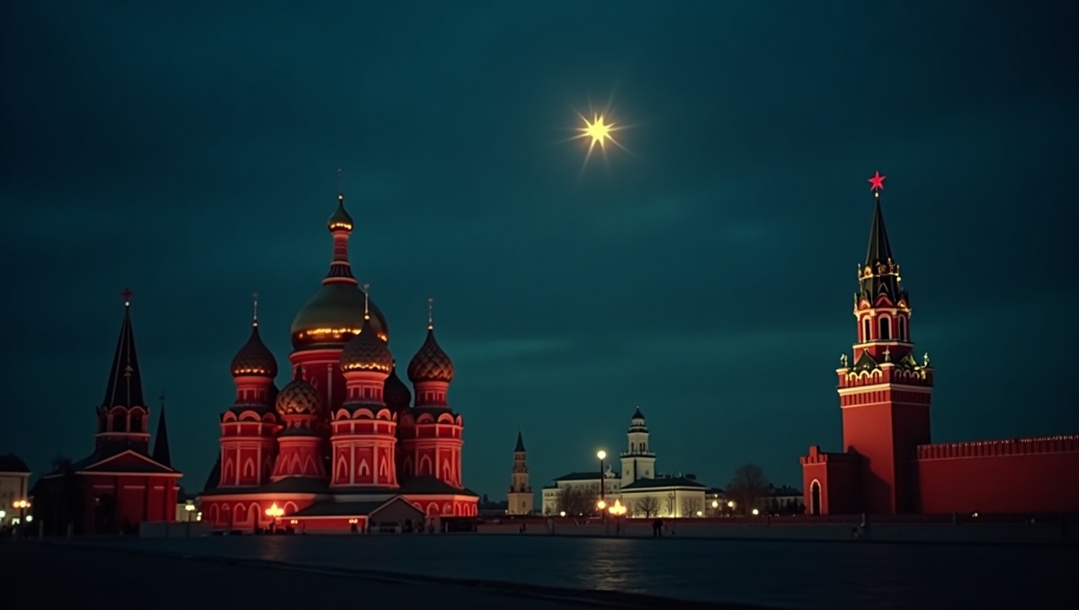 Красная звезда на орбите: символический городской пейзаж, демонстрирующий триумф раннего космического запуска над знаковой достопримечательностью.