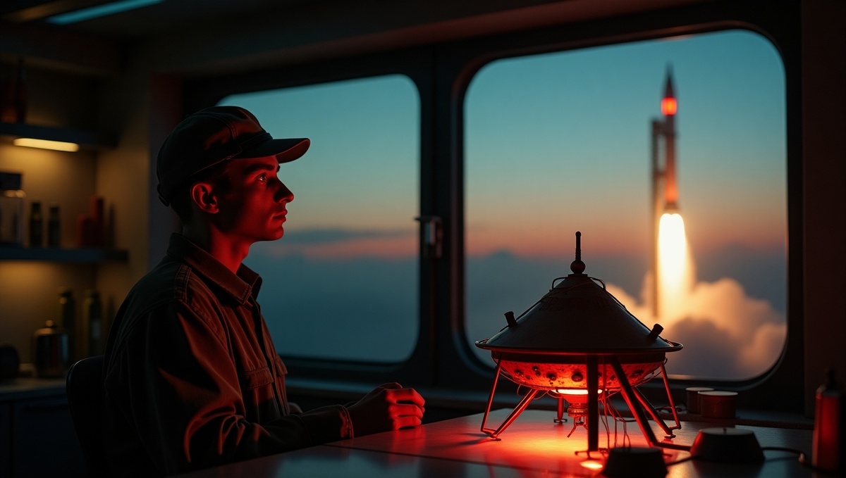 Инженер у окна в космос! Персональный взгляд на главного героя — молодого советского инженера Алексея, стоящего перед своим амбициозным творением, которое скоро изменит мир.