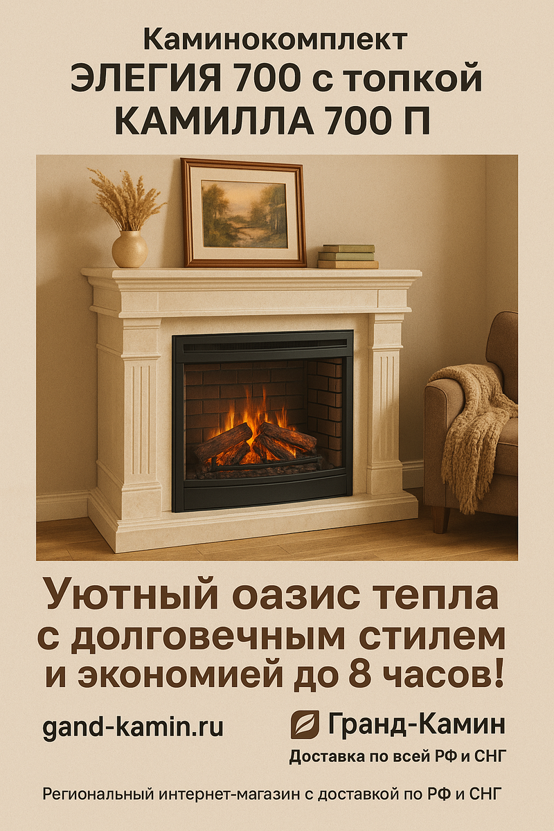   Каминокомплект Элегия 700 с топкой Камилла 700 П: создайте уютный оазис тепла с долговечным стилем и экономией до 8 часов! Kamin