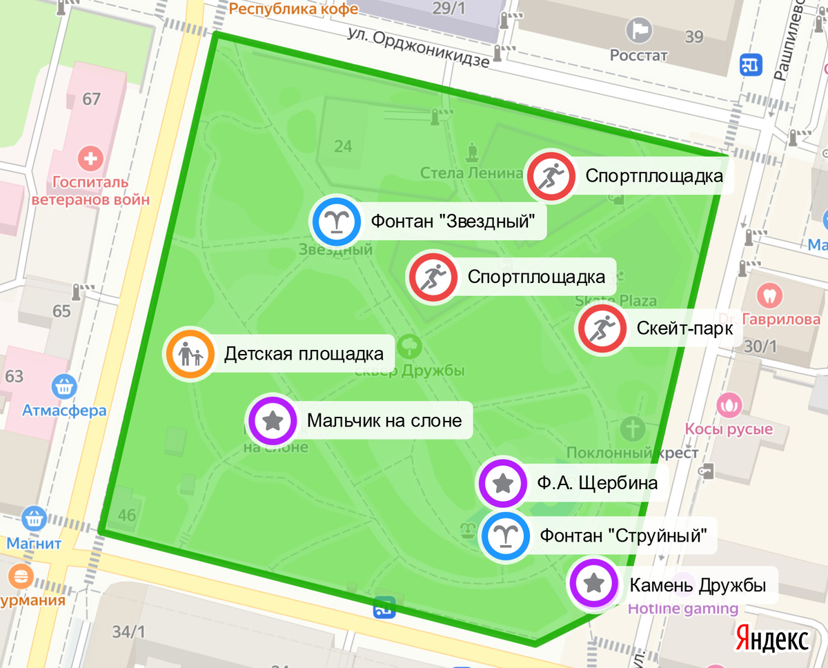 Карта сквера Дружбы Народов