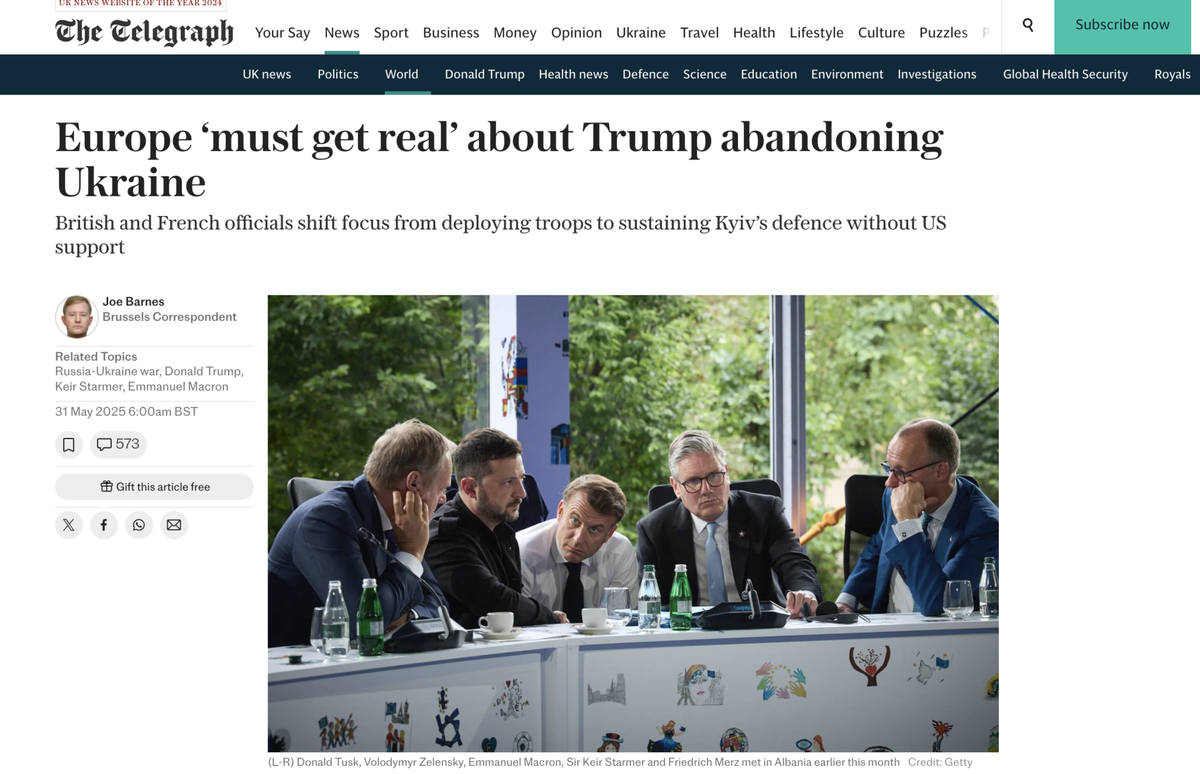     Европа «должна реалистично взглянуть» на то, что Трамп отворачивается от Украины / скриншот страницы сайта www.telegraph.co.uk