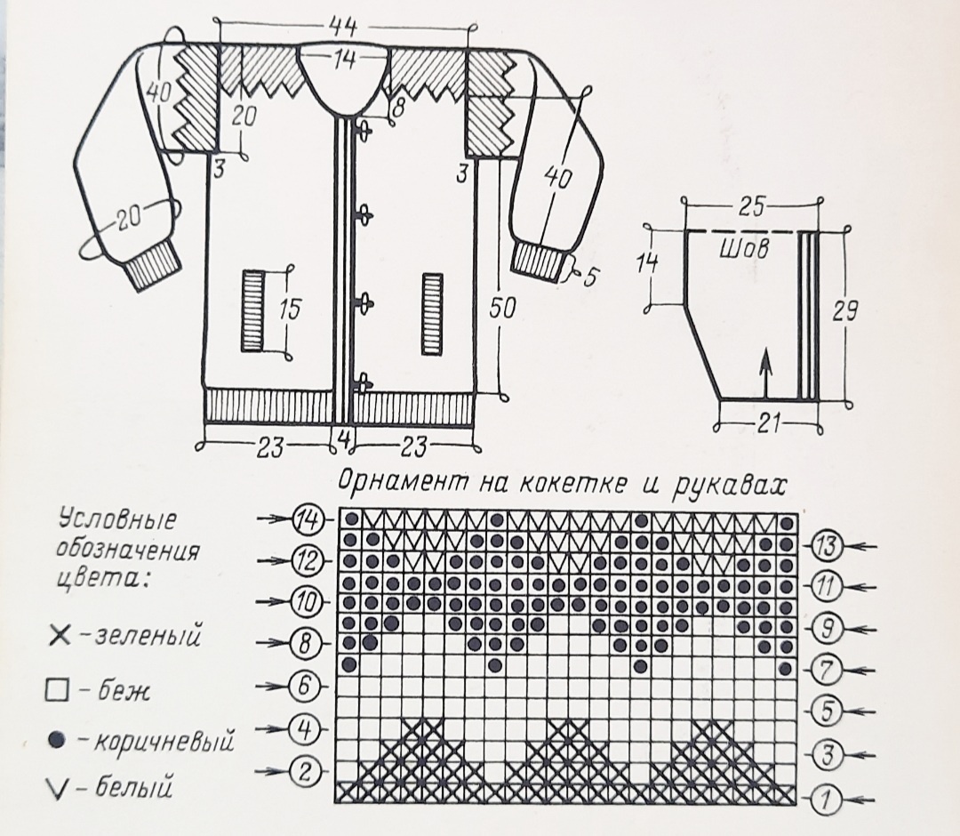 Вязанье начинайте с низа спинки и выполняйте спинку и перед без плечевых швов. На полочках сделайте вертикальные разрезы для карманов. Наберите из кромочных на линии пройм петли для рукавов и свяжите их сверху вниз. Затем свяжите и пришейте капюшон. После этого наберите петли по краю полочек и капюшона, затем провяжите 3 ряда лиц.п.(зеленый, корич.,зеленый). Свяжите крючком воздушные для пуговиц и пришейте.