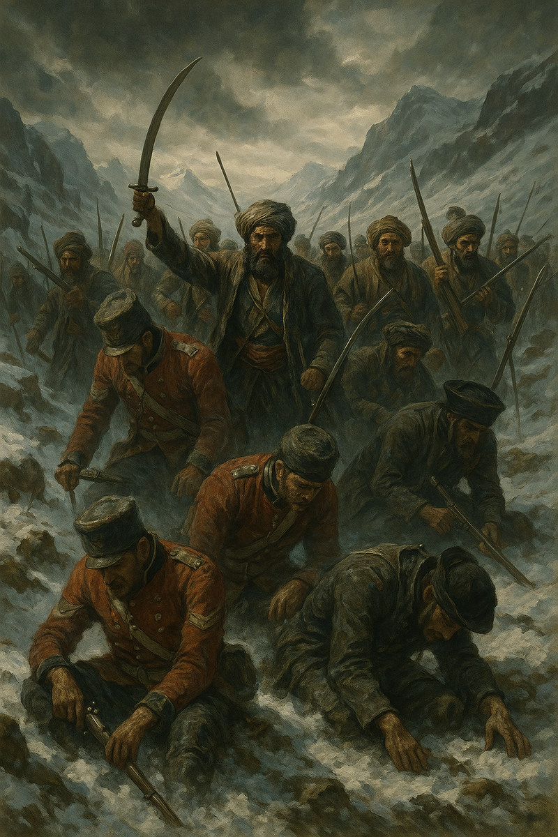 Это самая известная и трагическая сцена войны — полное уничтожение британской колонны в горах. Из примерно 16 000 человек — солдат, офицеров, женщин и детей — выжил только один англичанин.