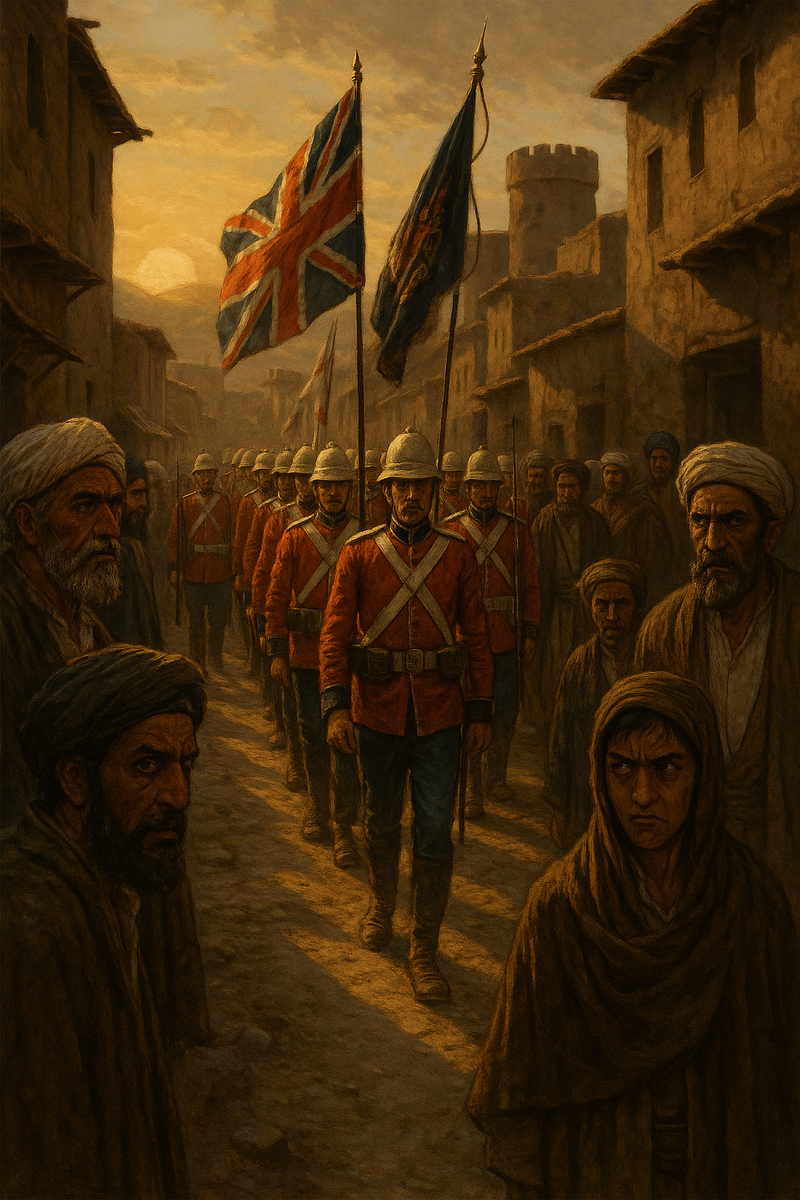 Это сцена временного британского успеха: захват и оккупация Кабула, размещение гарнизона, демонстрация силы. Но атмосфера враждебная — местные жители презирают и терпят оккупантов, назревает восстание.