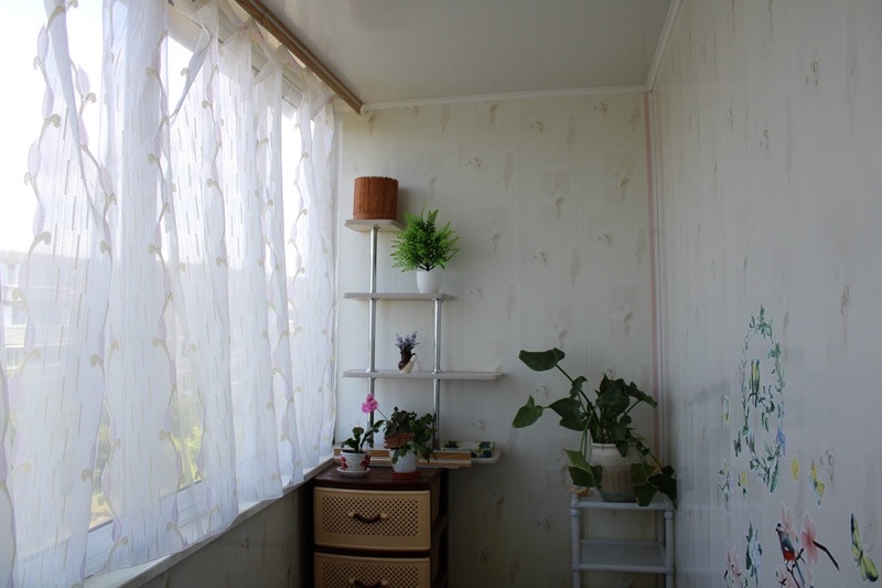 Этажерки с цветами на правой стороне лоджии. 1 июня 2025 г.