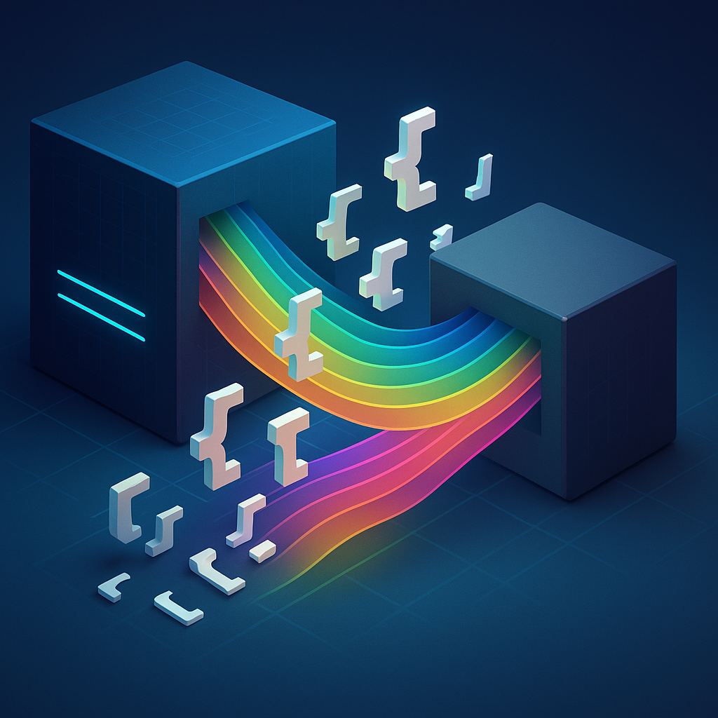 Сервер и клиент изображены в виде кубов, между которыми волнообразно проходят многослойные, разноцветные потоки данных-строк. Летающие фигурные скобки символизируют JSON-фрагменты, поступающие параллельно, передавая идею breadth-first загрузки Progressive JSON.