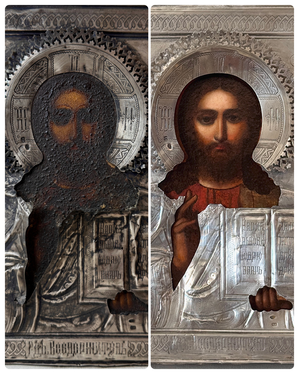 Фрагмент иконы Спаса Вседержителя до и после реставрации 
