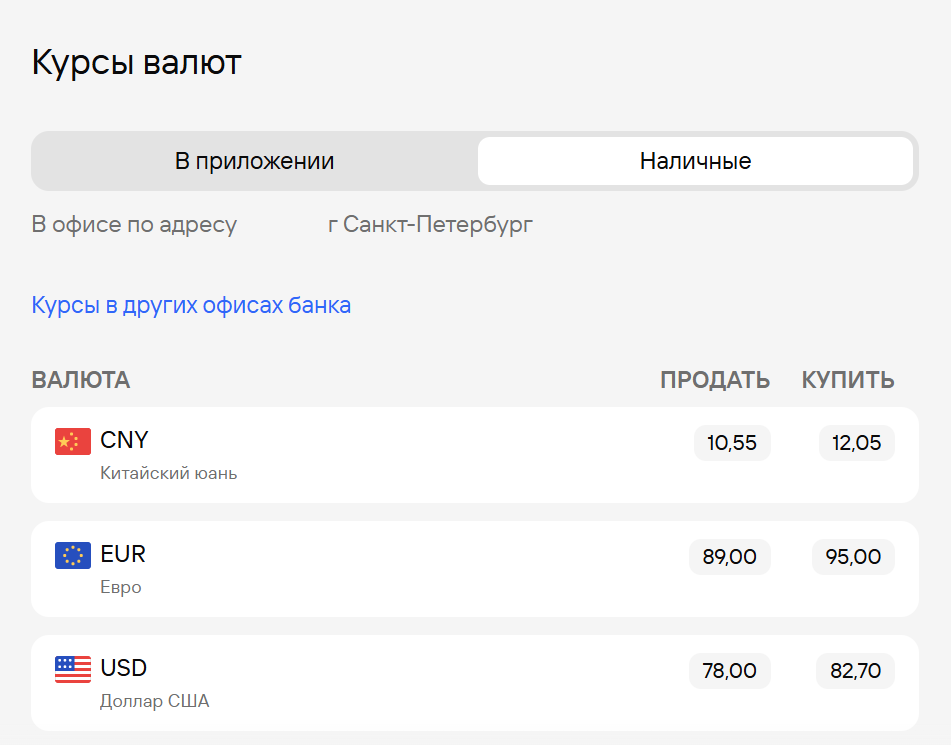 Курсы обмена наличных валют от Газпромбанка в одном из отделений Санкт-Петербурга. Дата: 01.06.2025