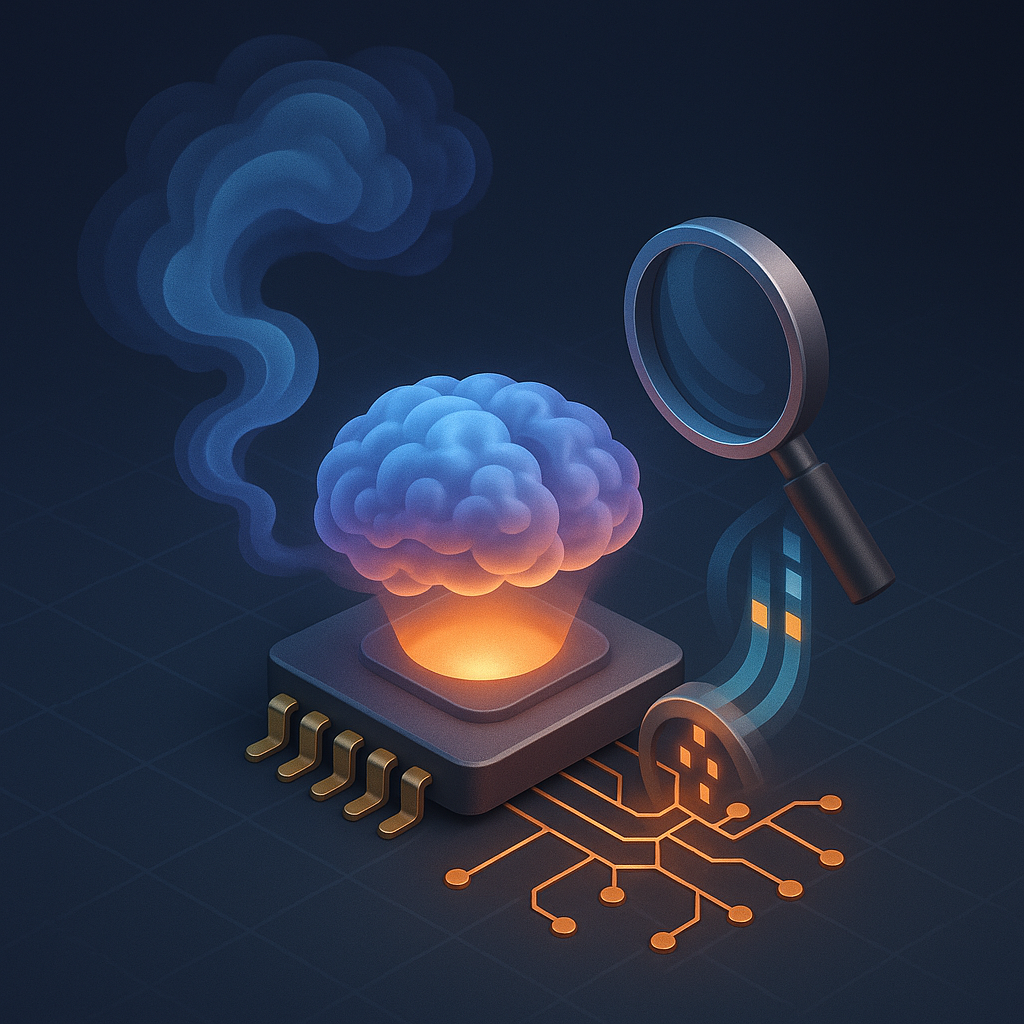 Парящий «облачный» мозг испускает струю воображения над микропроцессором, а увеличительное стекло фокусирует поток данных в сеть, символизируя предварительный мысленный отбор информации перед вниманием.