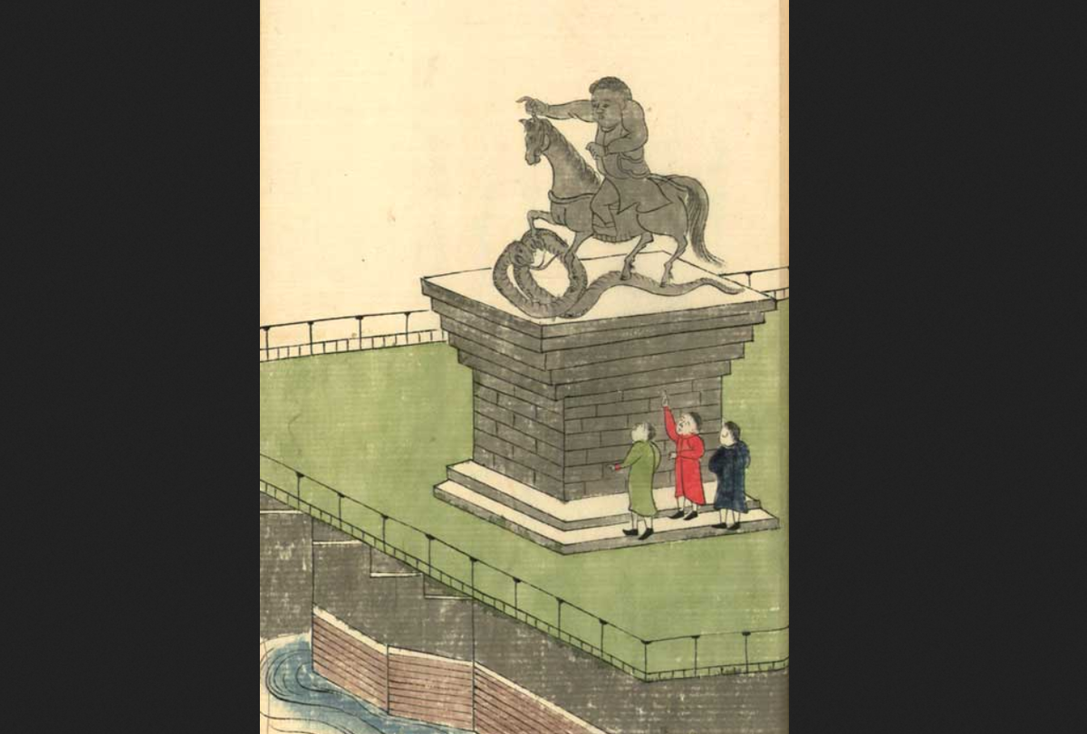 Медный всадник на иллюстрации из 11-го свитка «Канкай ибун»