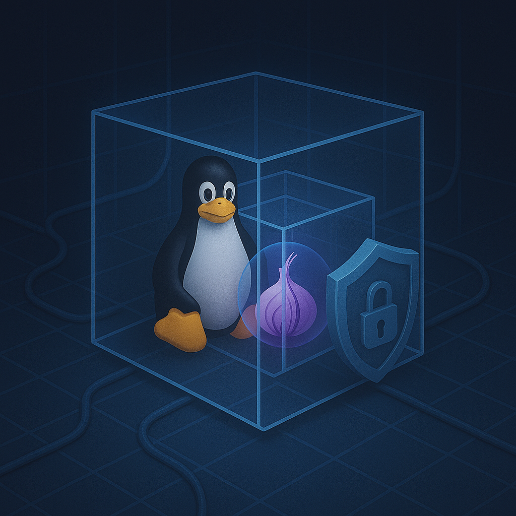 Tux находится внутри прозрачного куба-«неймспейса» рядом с сияющей луковицей Tor и щитом-замком, а сетевые кабели снаружи подчёркивают изоляцию трафика приложения на уровне ядра с помощью oniux.