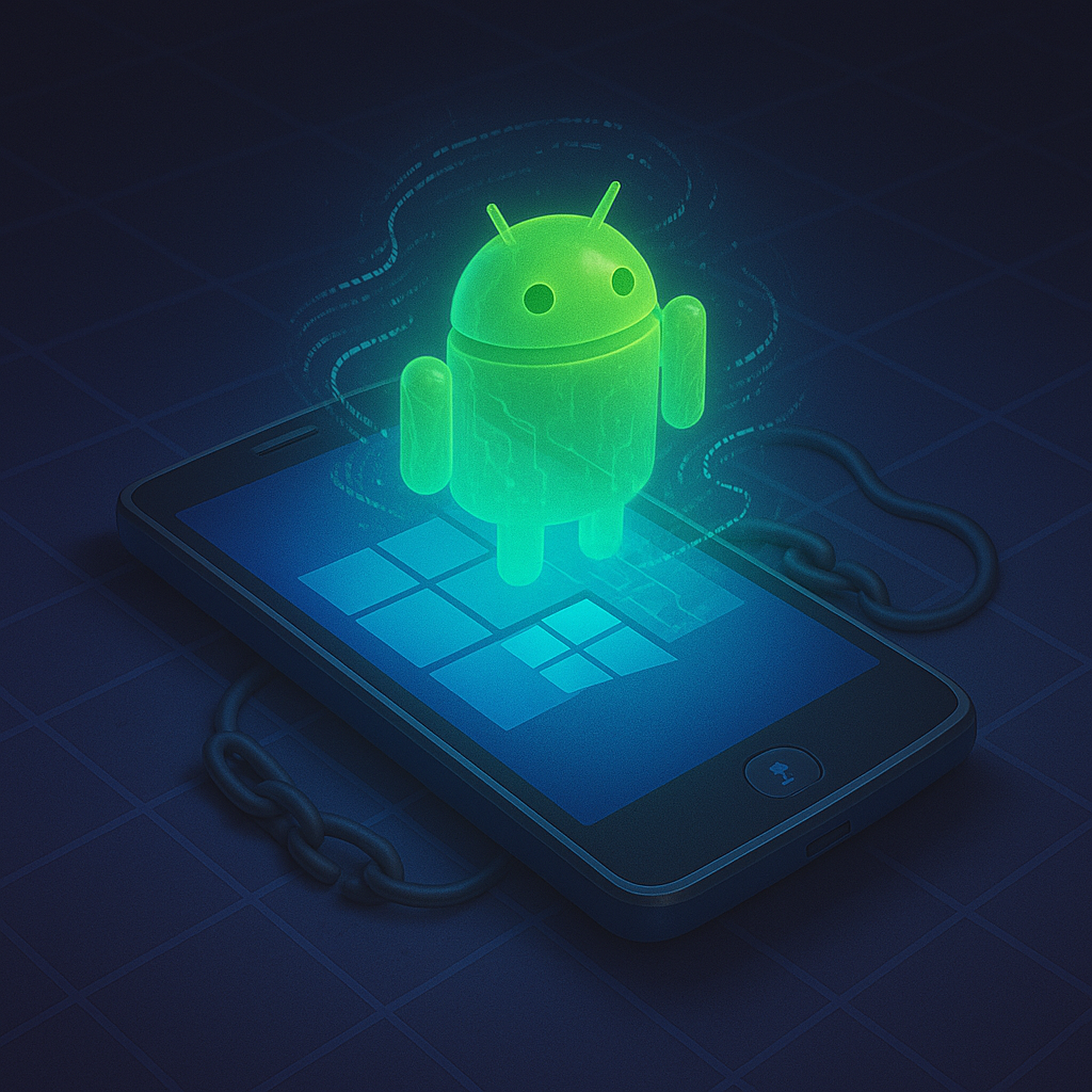 Из тёмно-синего Windows-смартфона «воскресает» ярко-зелёный голографический Android-робот, а разорванная цепь рядом символизирует снятые ограничения и новое дыхание для проекта Astoria.