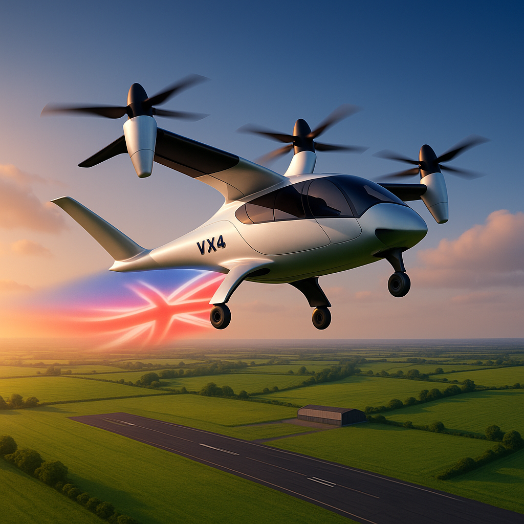 Электрический eVTOL VX4 с четырьмя наклоняемыми роторами устремляется над зелёными полями Англии, покидая взлётную полосу; сияющий след-Юнион Джек подчёркивает британский прорыв и первый полёт вне зоны аэродрома.