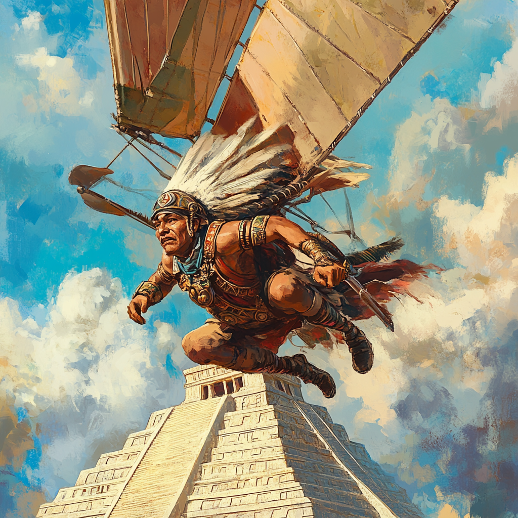 Изображение автора. Летящий над пирамидой индеец племени ацтеков