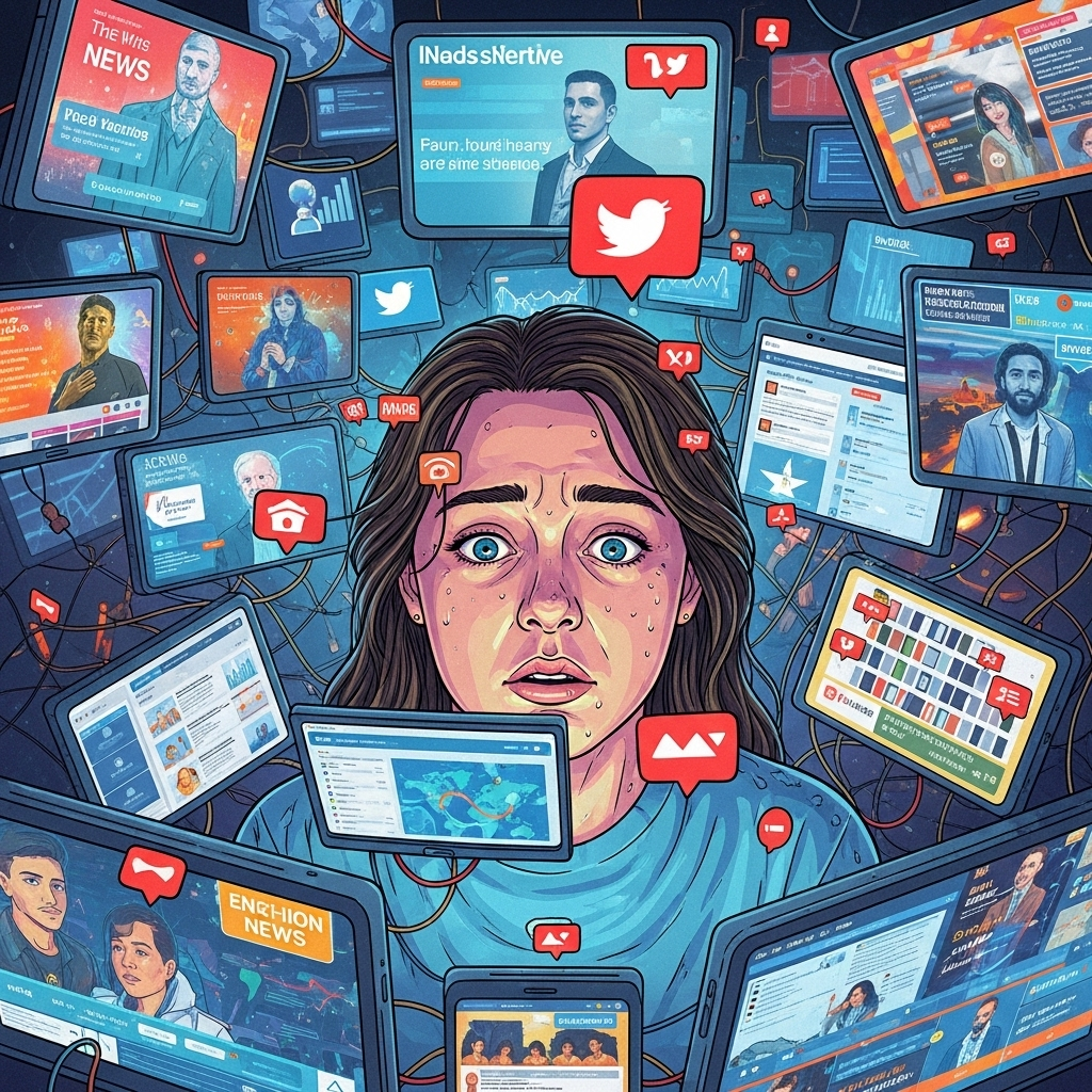 Информационная перегрузка, человек, подавленный новостями и социальными сетями