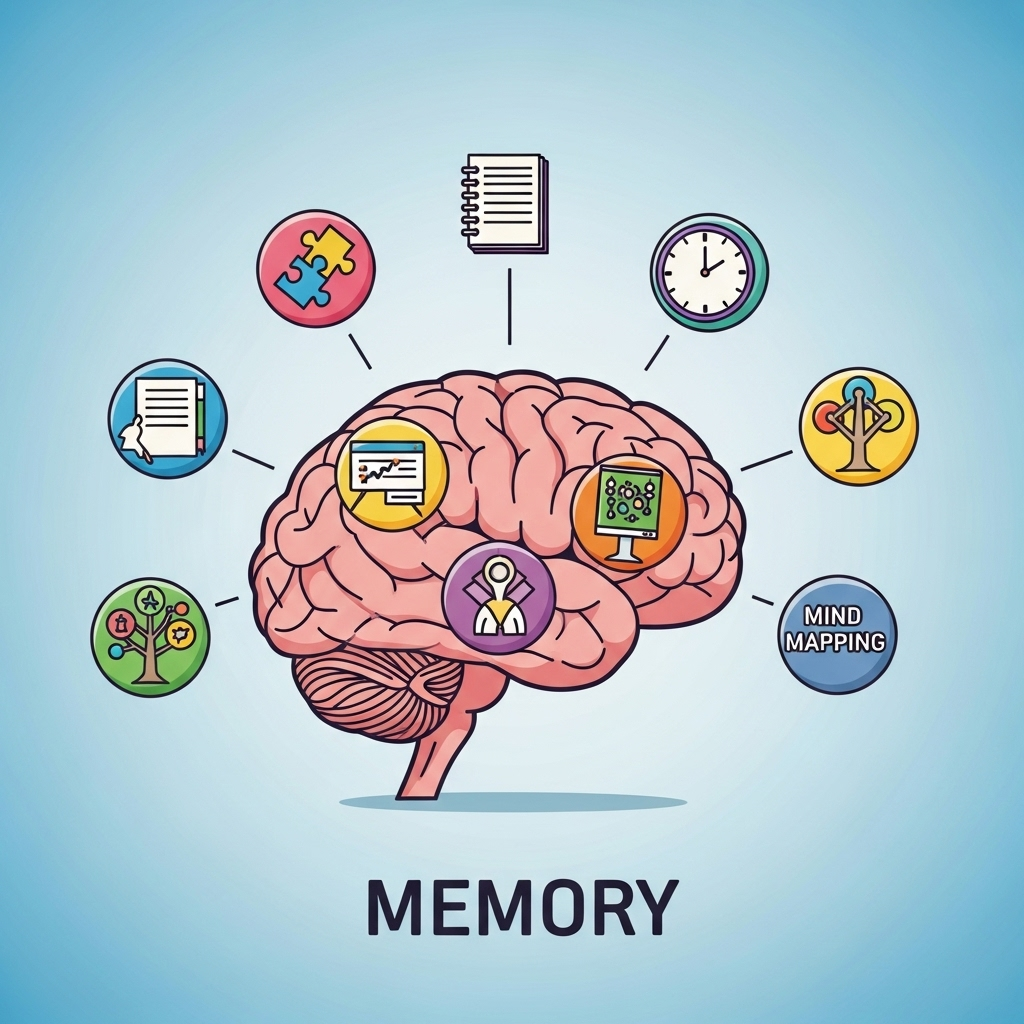 Легкое для понимания изображение методов улучшения памяти, мозг со значками, представляющими стратегии памяти