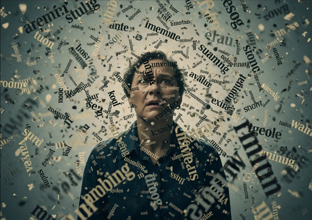 Человек окружен словами, которые он не может вспомнить, представляющее разочарование из-за потери памяти