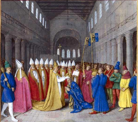 Jean Fouquet, Coronation of Charlemagne, from the Grandes Chroniques de France, ca. 1455-1460, miniature
