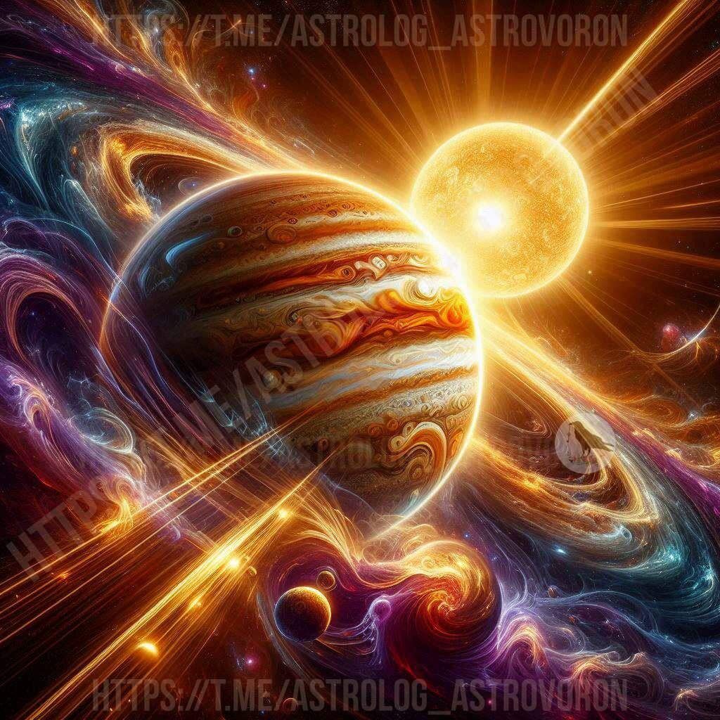 Соединение Солнца и Юпитера. Иллюстрация создана автором канала АстроВорон. Мистерии Зодиака (с)