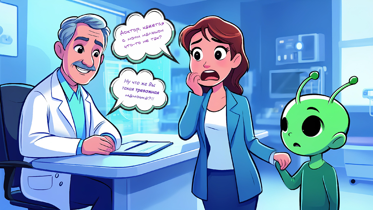 Доктор, кажется с моим ребёнком что-то не так? Э, нет, мамочка. Это с Вами всё не так — Вы очень тревожная! 
