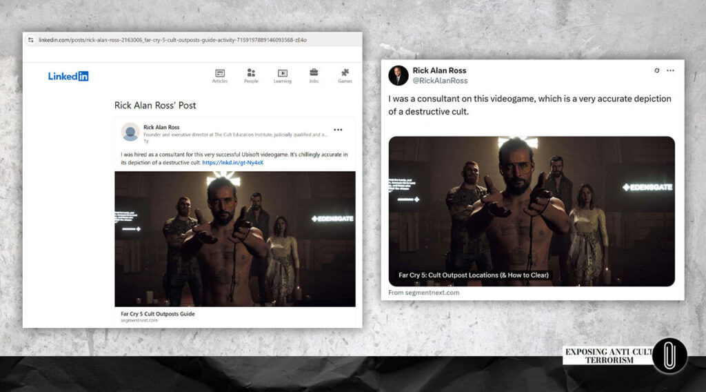 1.
 Пост Рика Алана Росса в Linkedin: «Меня наняли консультантом для этой 
очень успешной видеоигры от Ubisoft. Она пугающе точно изображает 
деструктивный культ».
2. Пост Рика Алана Росса в Твиттере: «Я был консультантом этой видеоигры, которая очень точно изображает деструктивный культ».
