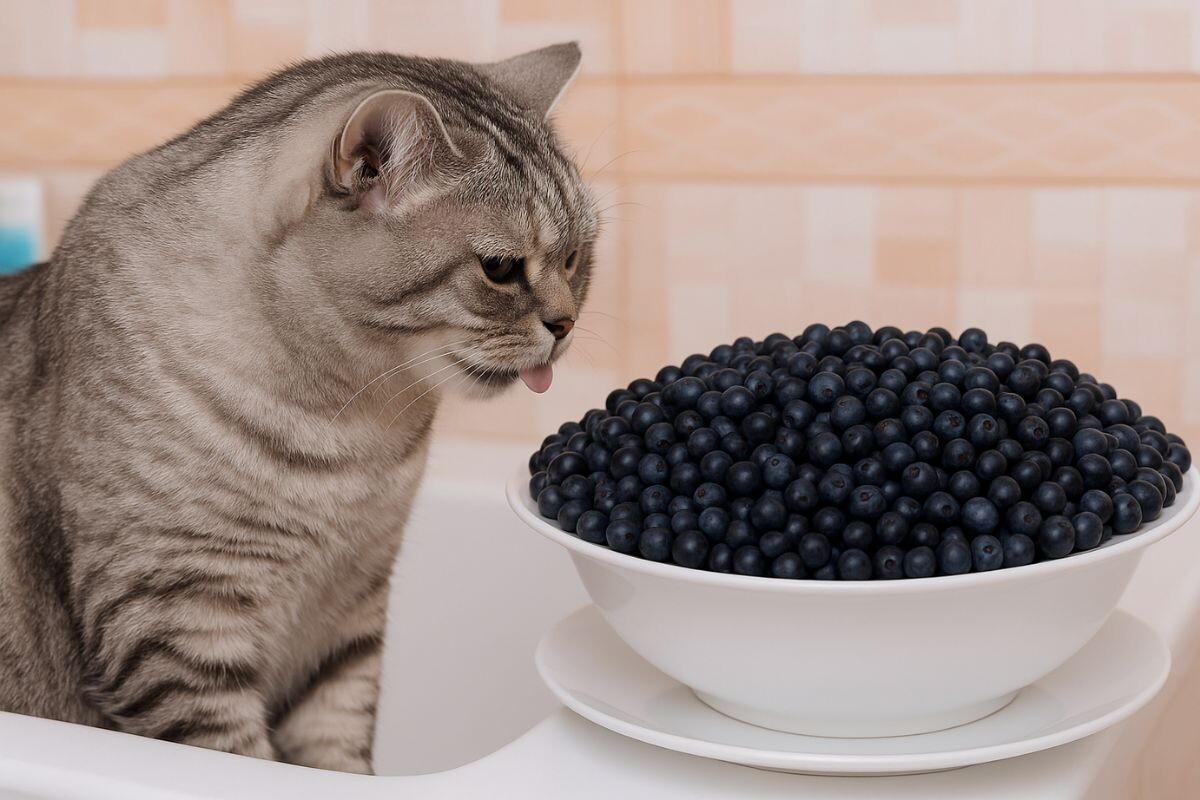 Кот с миской черники