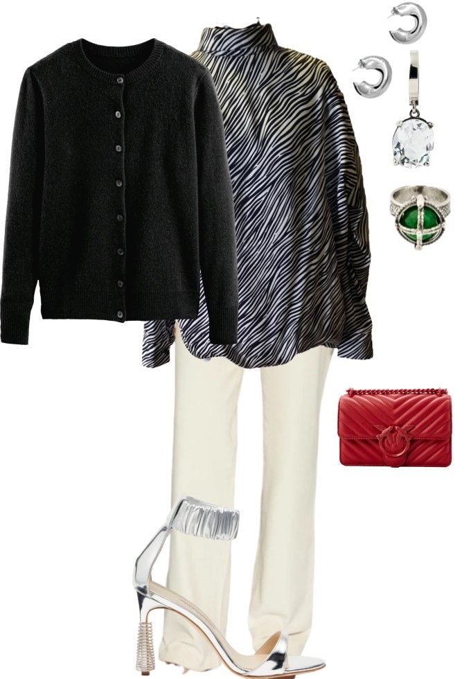 Контрастная внешность, где очень светлый тон кожи сочетается с темными волосами, или наоборот, очень темные глаза контрастируют с очень светлым оттенком волос потребует свето-теневых контрастов в одежде, а также яркого цветного акцента, как красный клатч в данном случае . 