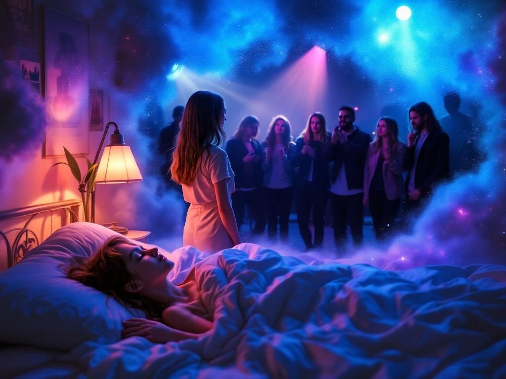    К чему такое снится: Девушка стоит перед группой блогеров, подходя с просьбой о совместном фото, которую те вежливо отказываются выполнить, жестом руки подчеркивая отказ. В фоне видны аф