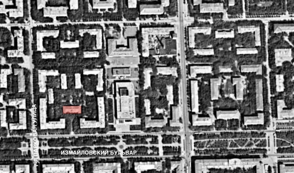 Детский сад поселка Военморстроя (выделен красным) на спутниковом снимке Москвы 1980 г. 