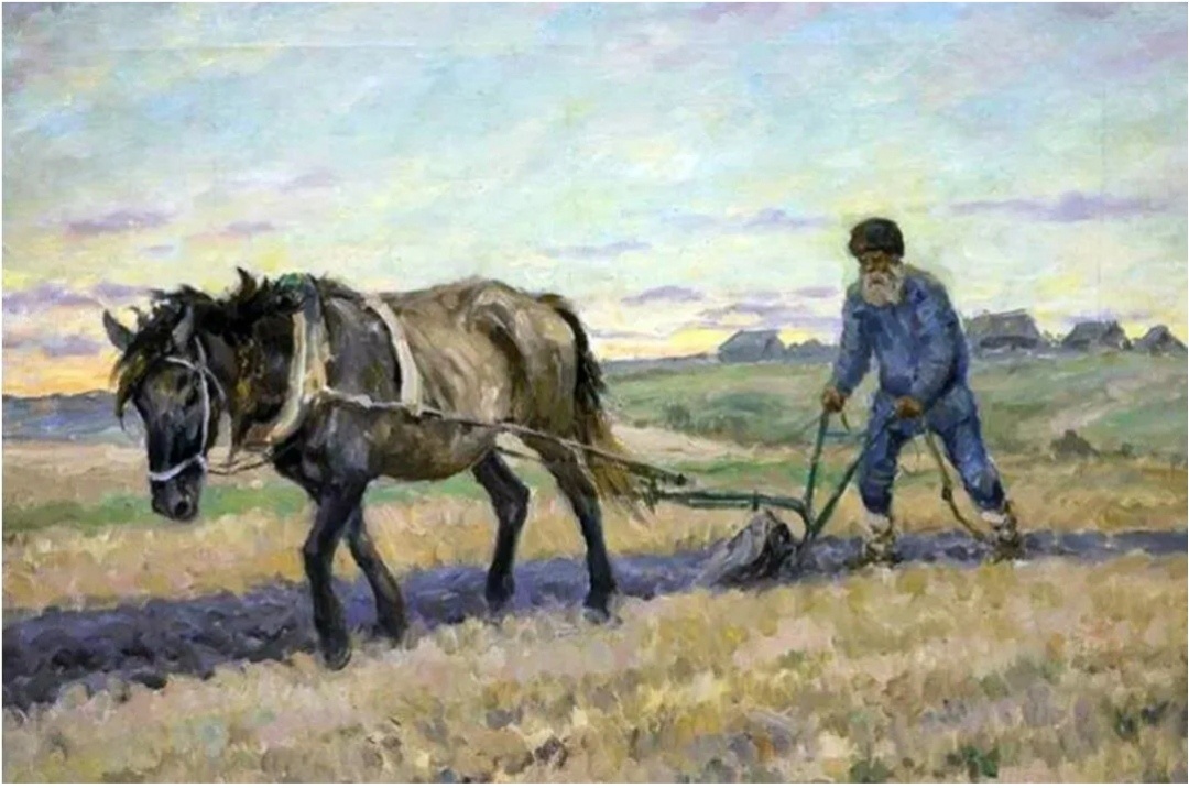 Пашня. Крестьянин разъезжает землю