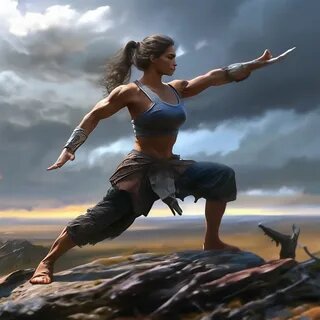 Женщина выполняет позу "Воин", демонстрируя силу и уверенность