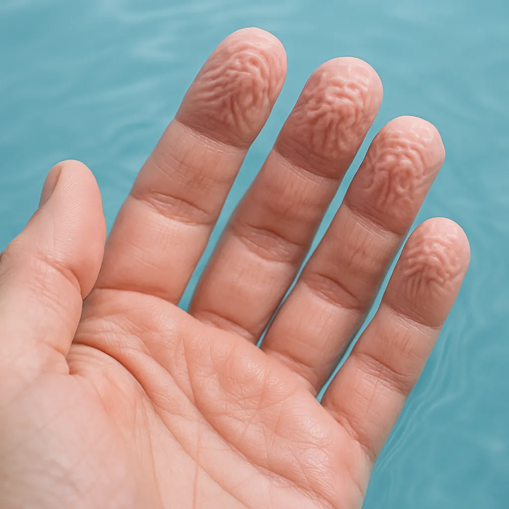 Детальный анализ морщинистых кончиков пальцев после длительного воздействия воды, показывающий биологический рисунок и текстуру кожи.