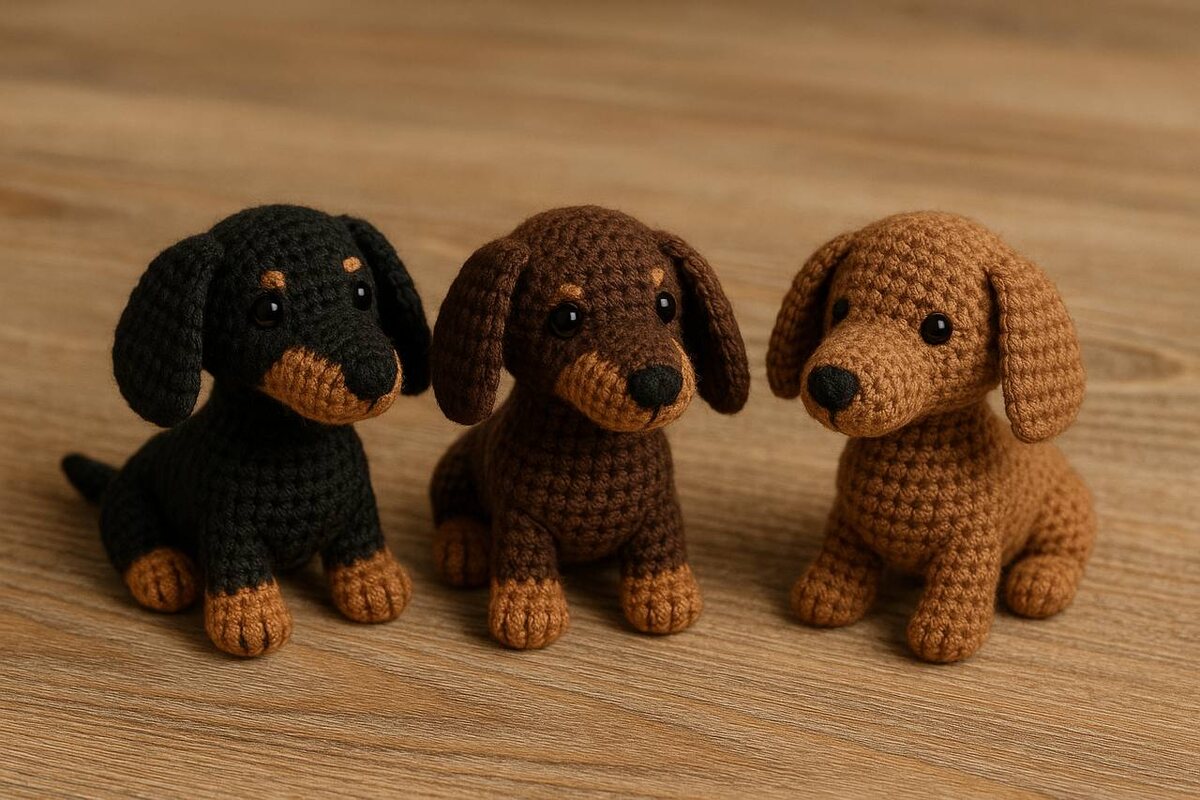 Генерация ChatGPT на запрос "3 вязаных таксы в черном с подпалом, коричневом с подпалом и коричневом окрасе"