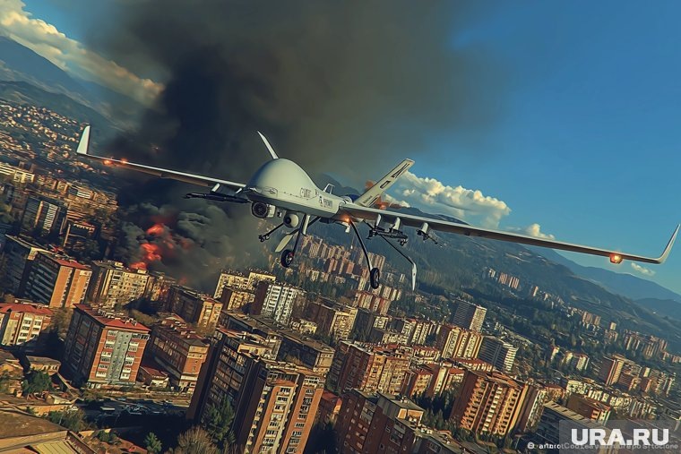 Осколки БПЛА повредили машины и окна в нескольких жилых домах. Фото: Создано в Midjourney © URA.RU