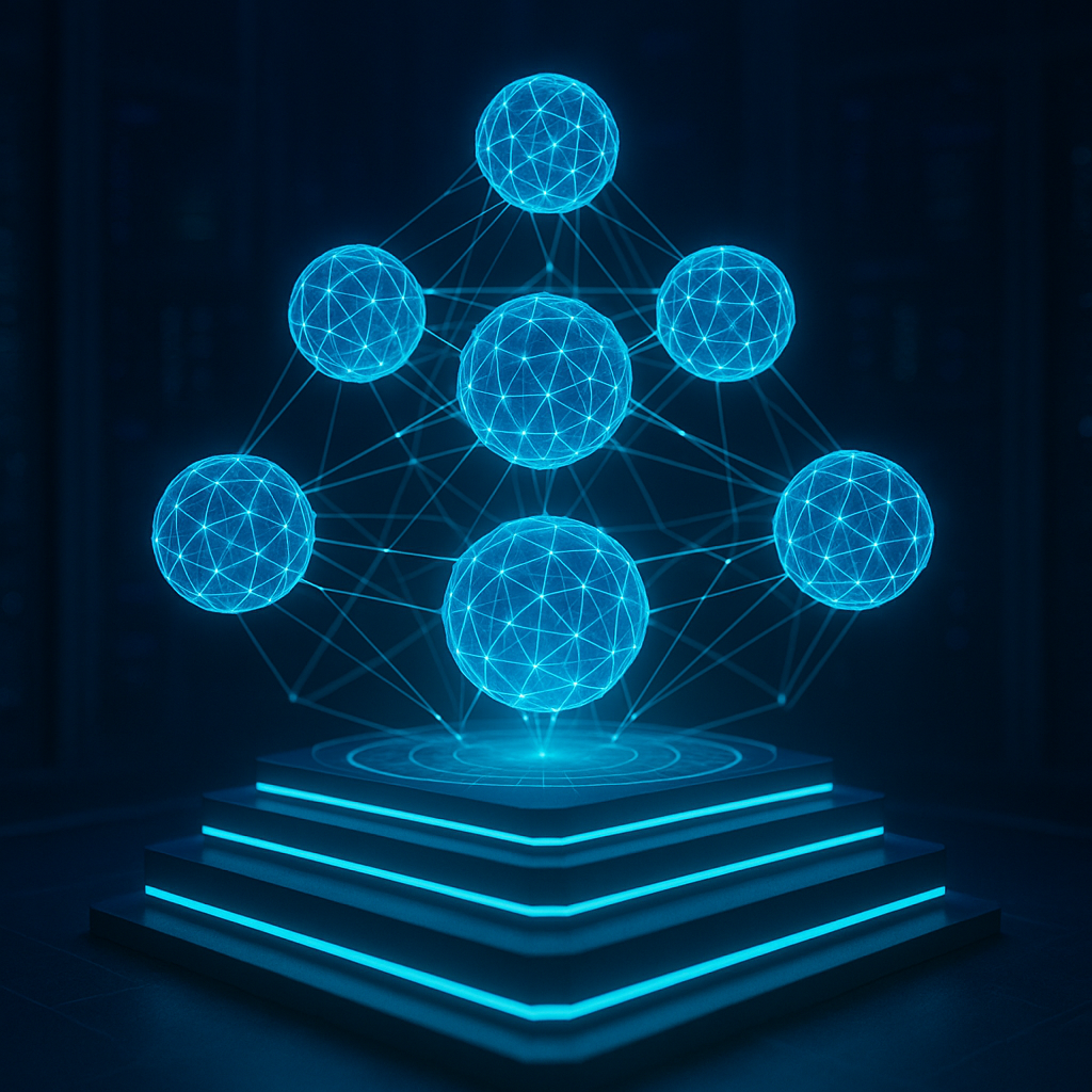 Пять взаимосвязанных сфер-агентов парят пирамидой над многоуровневой платформой, светящиеся линии подчёркивают координацию и мощность мультиагентной системы Agno.