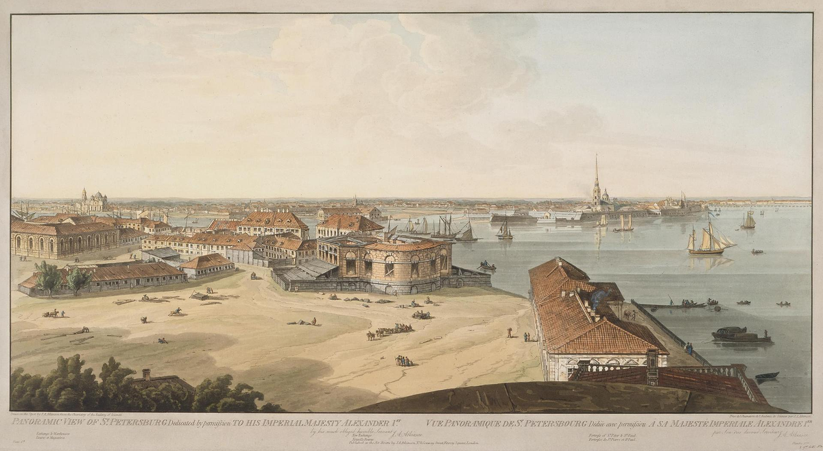 Стрелка Васильевского острова в С.-Петербурге на гравюре Дж. А. Аткинсона (начало XIX века)