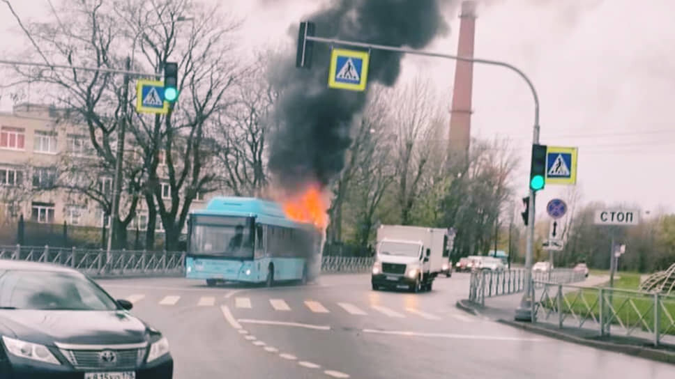 Лазурный автобус, сгоревший на Цитадельском шоссе в Кронштадте..📷Фото: сообщество «Дорожный инспектор» в соцсети «ВКонтакте»