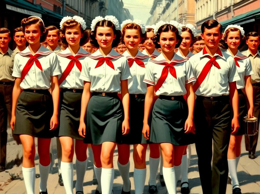 фото создано нейросетью: пионеры шагают дружно в ряд, атмосфера СССР, ретро